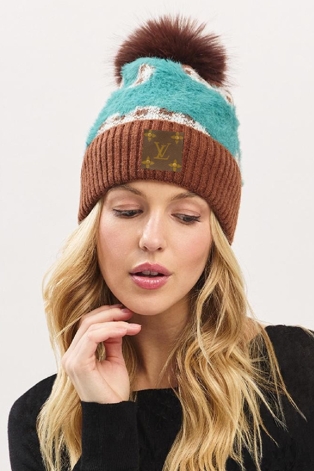 Upcycled Fuzzy Abstract Plaid Beanie