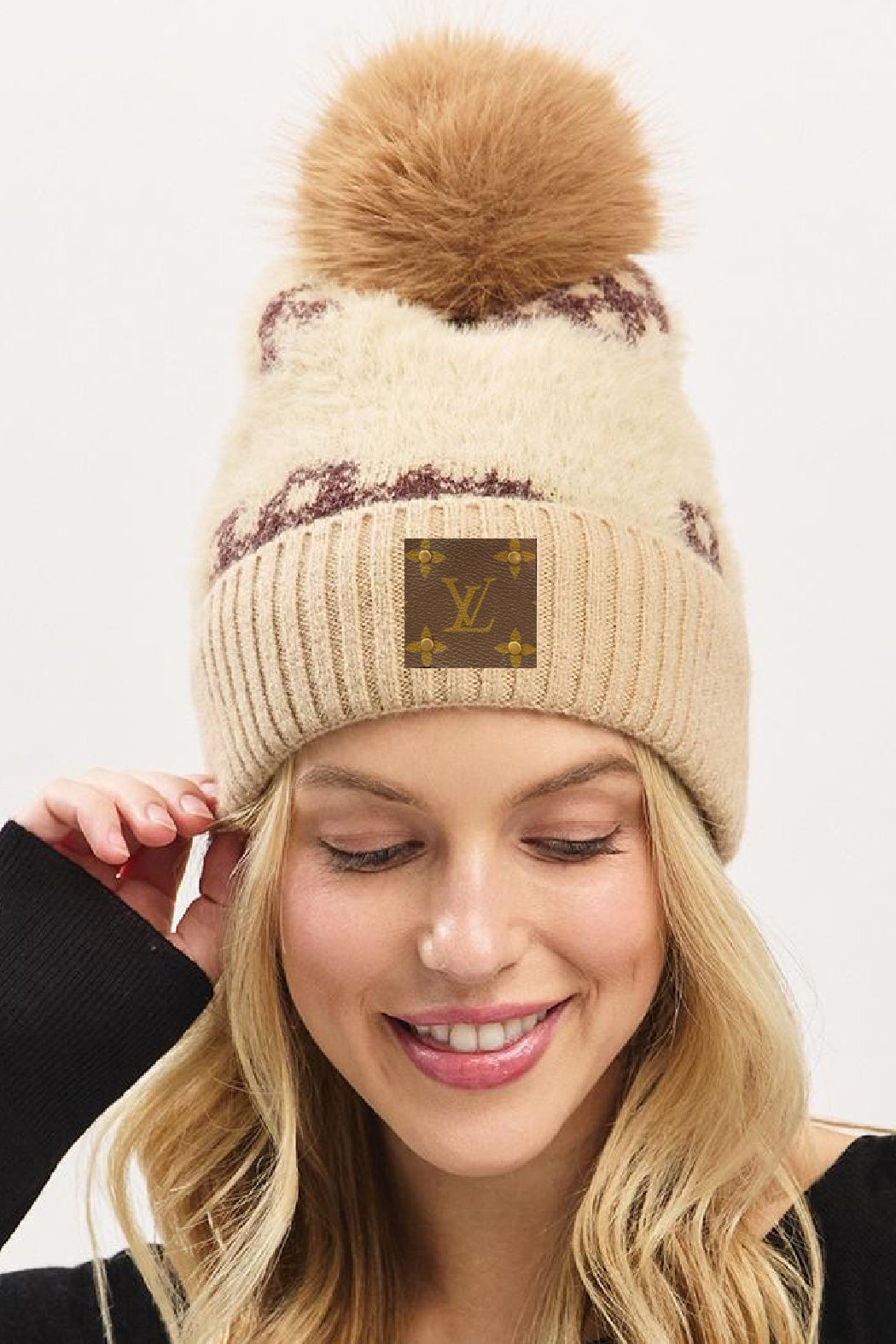 Upcycled Fuzzy Abstract Plaid Beanie