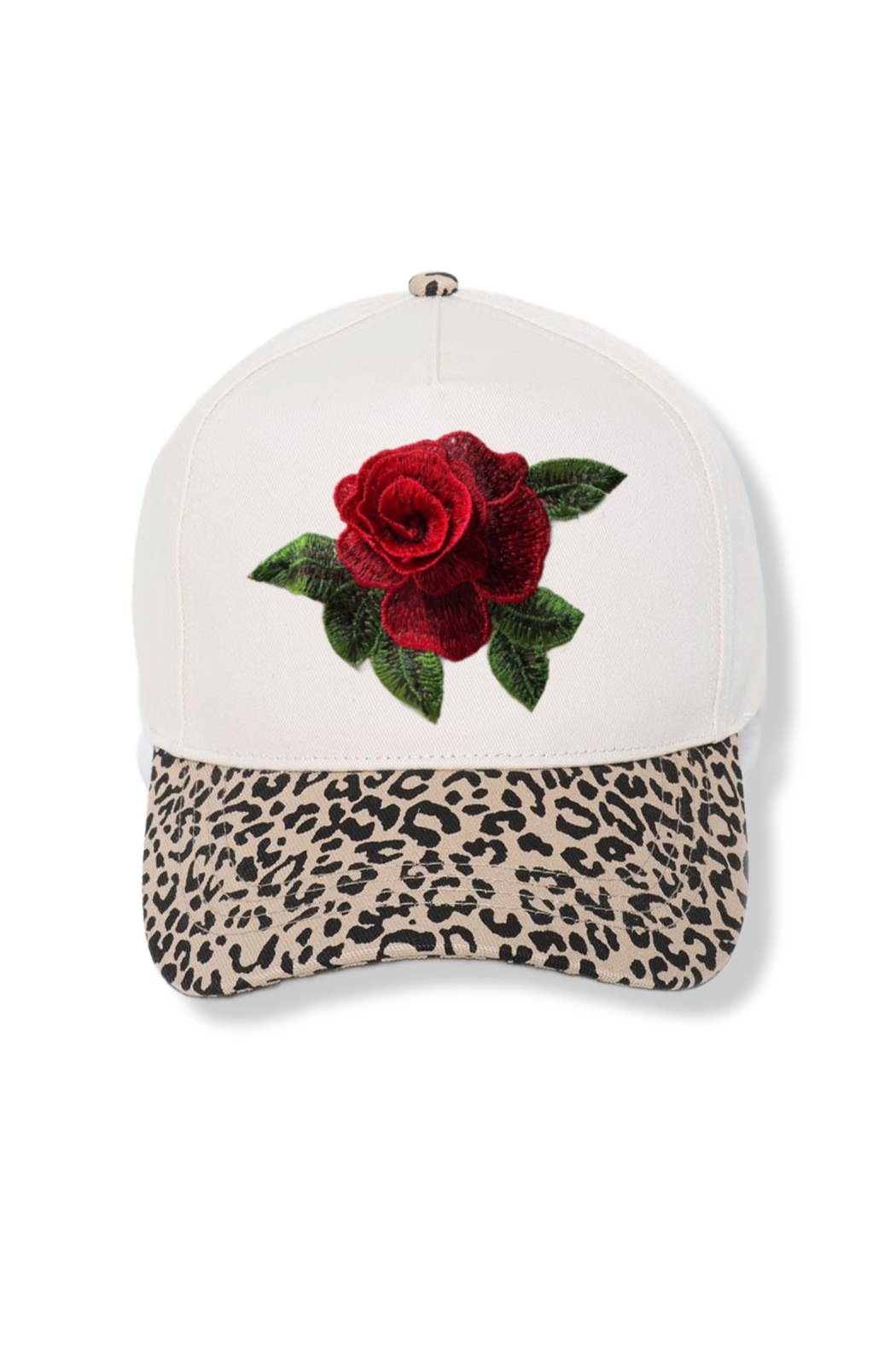 Embroidered Rose Leopard and Ivory Cap