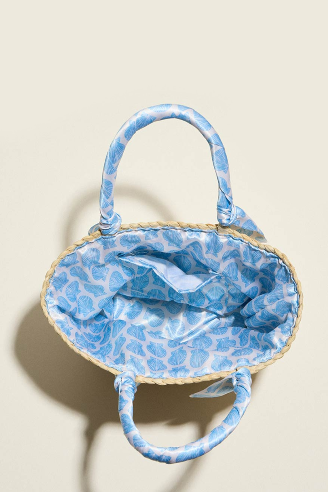 Shell Fabric Handle Raffia Bag