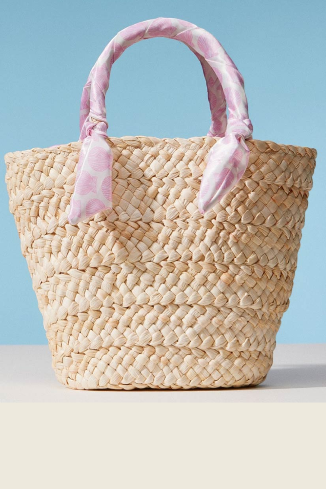 Shell Fabric Handle Raffia Bag