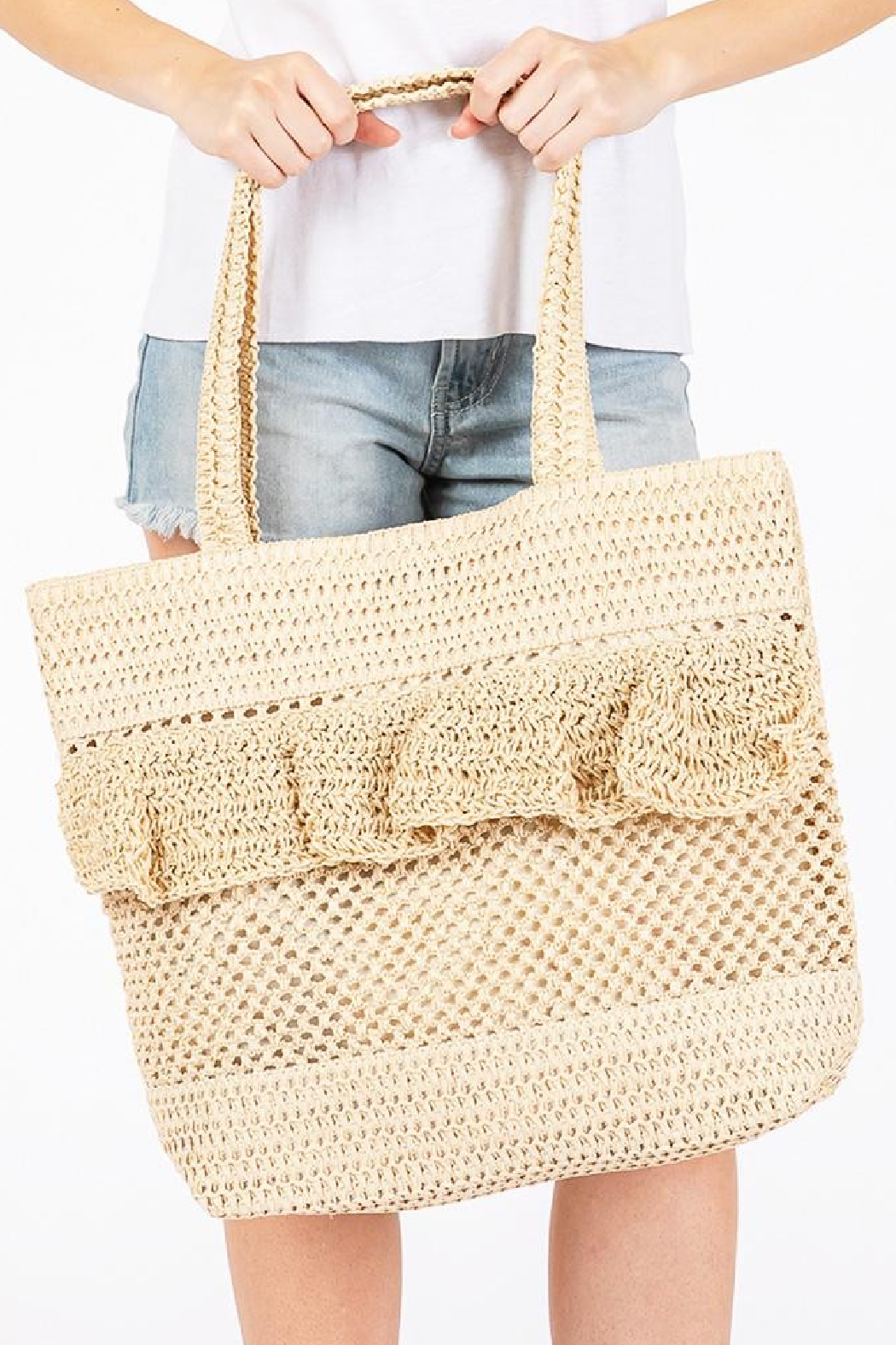 Ruffle Straw Tote Bag