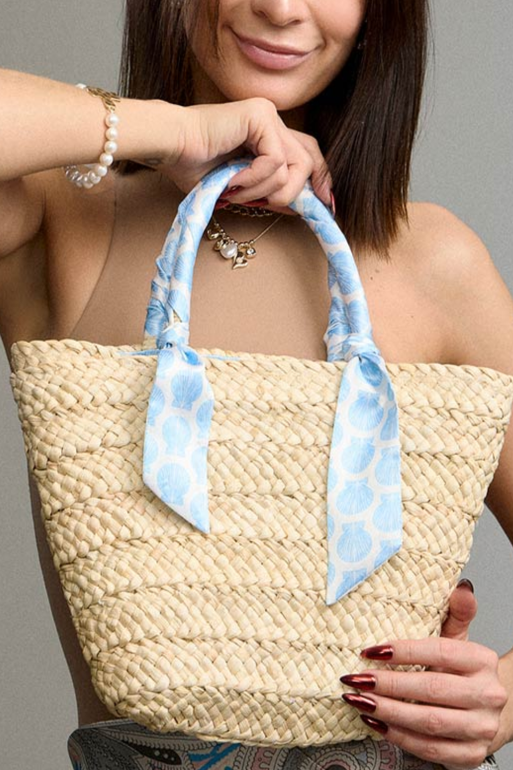 Shell Fabric Handle Raffia Bag