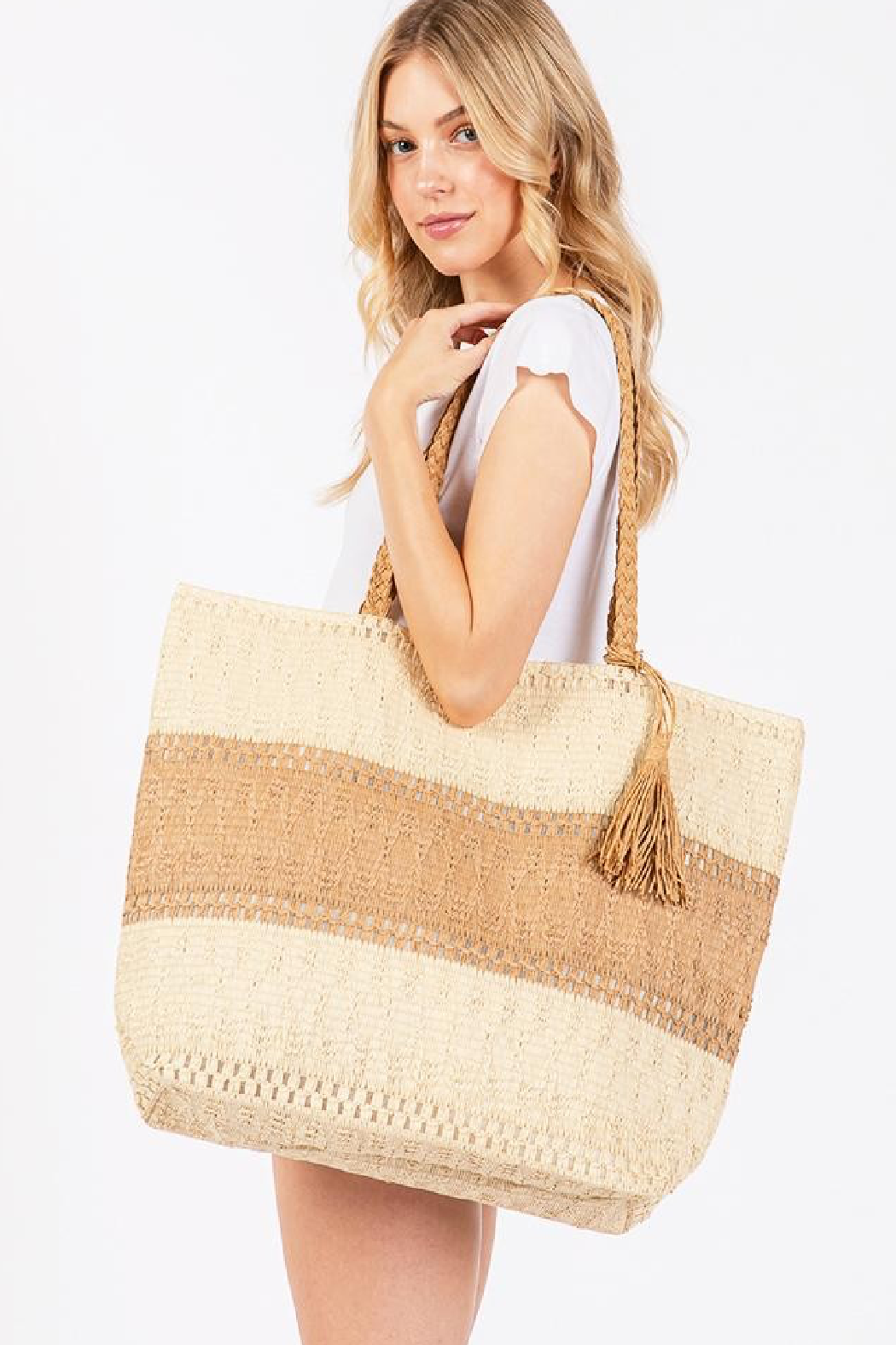 Color Block Straw Tote Bag