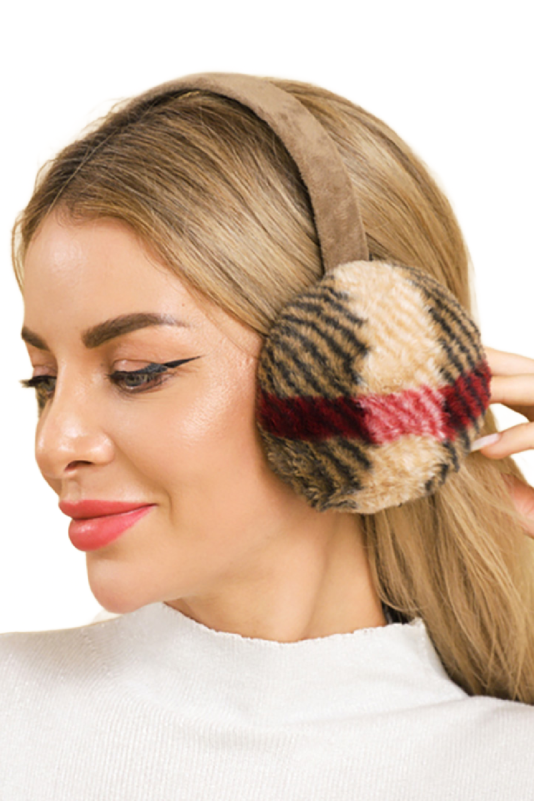 Set of 12 Beige Plaid Faux Fur Earmuffs