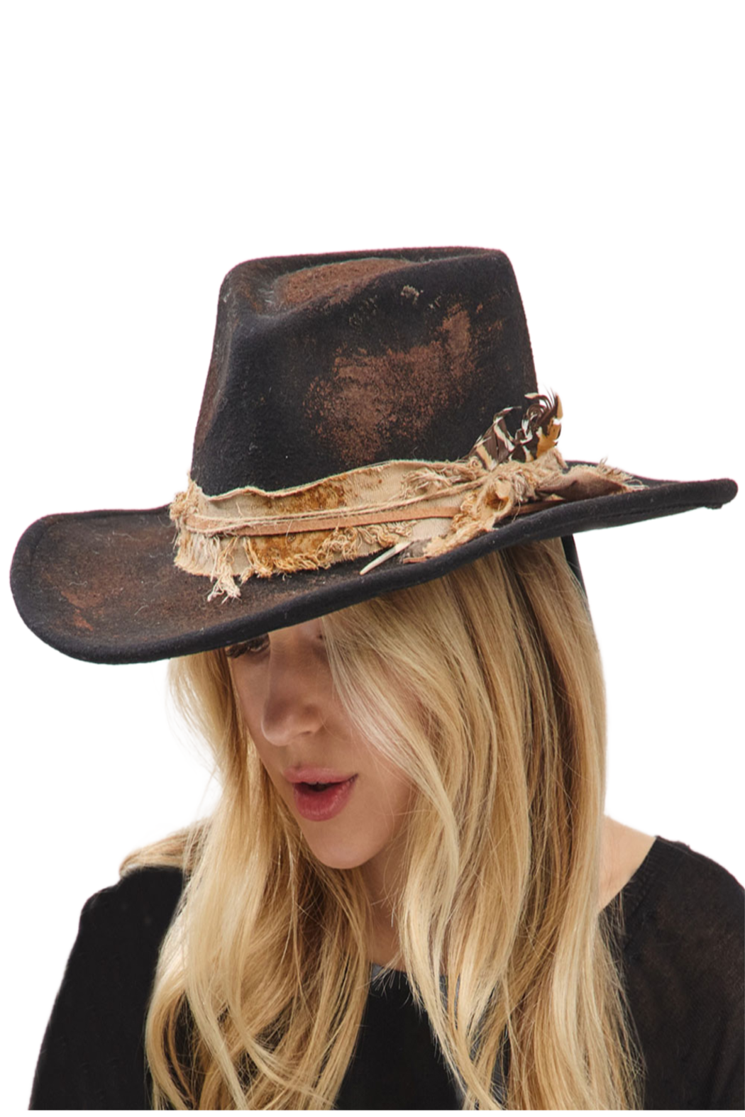 Distressed brown fedora with wide brim and wrapped band detail