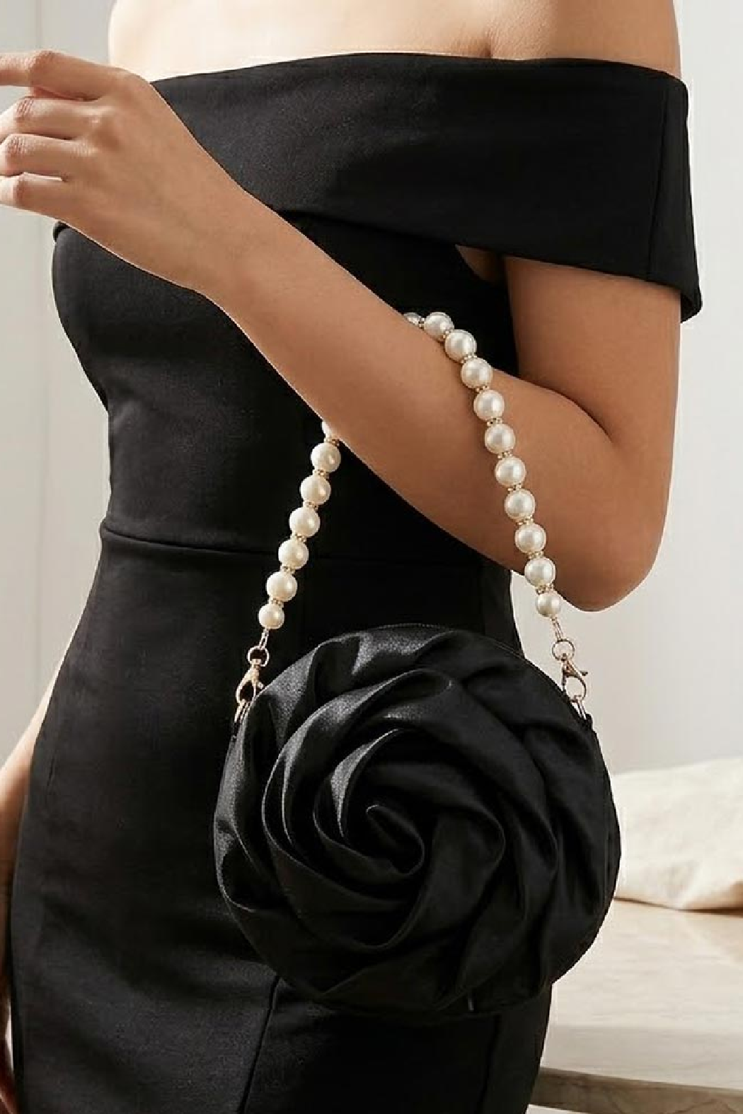 Black Satin Rose Evening Bag