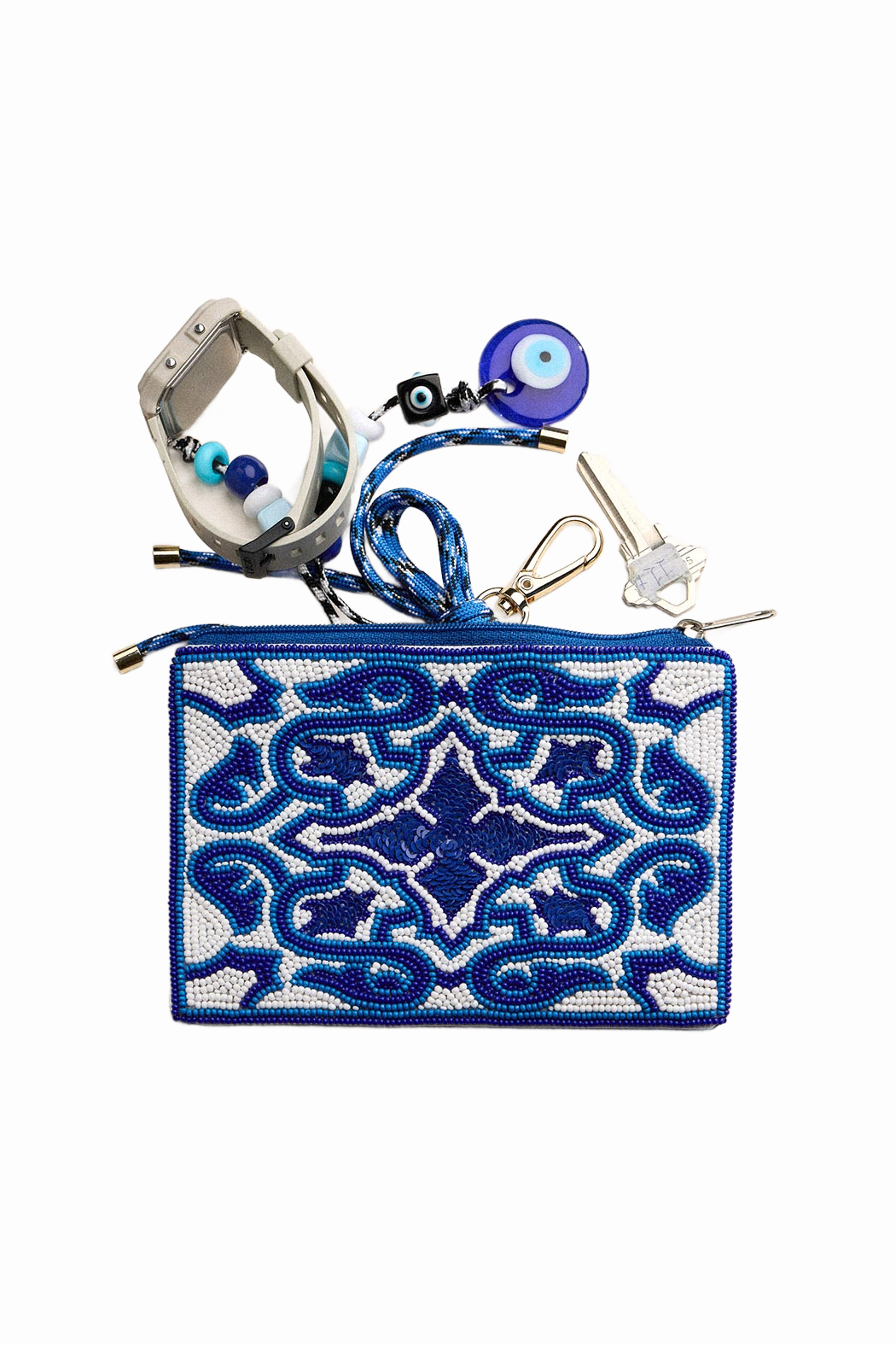 Blue Geometric Beaded Pouch