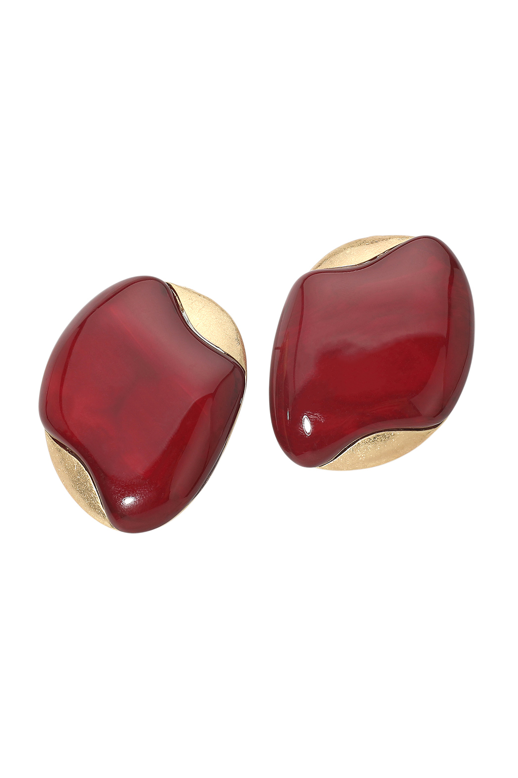 Burgundy sculptural resin earrings with gold-tone edges, oval organic shape