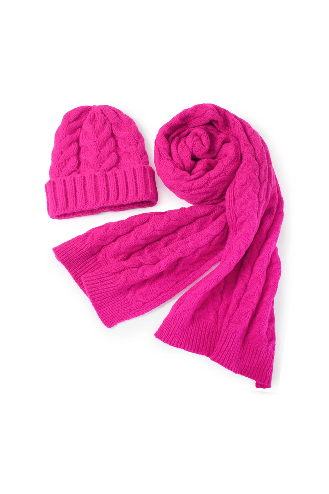 fuchsia cable knit scarf and beanie set