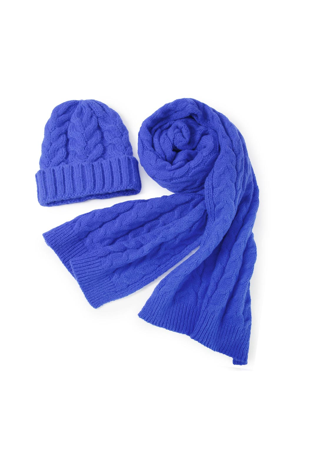 royal blue cable knit scarf and beanie set