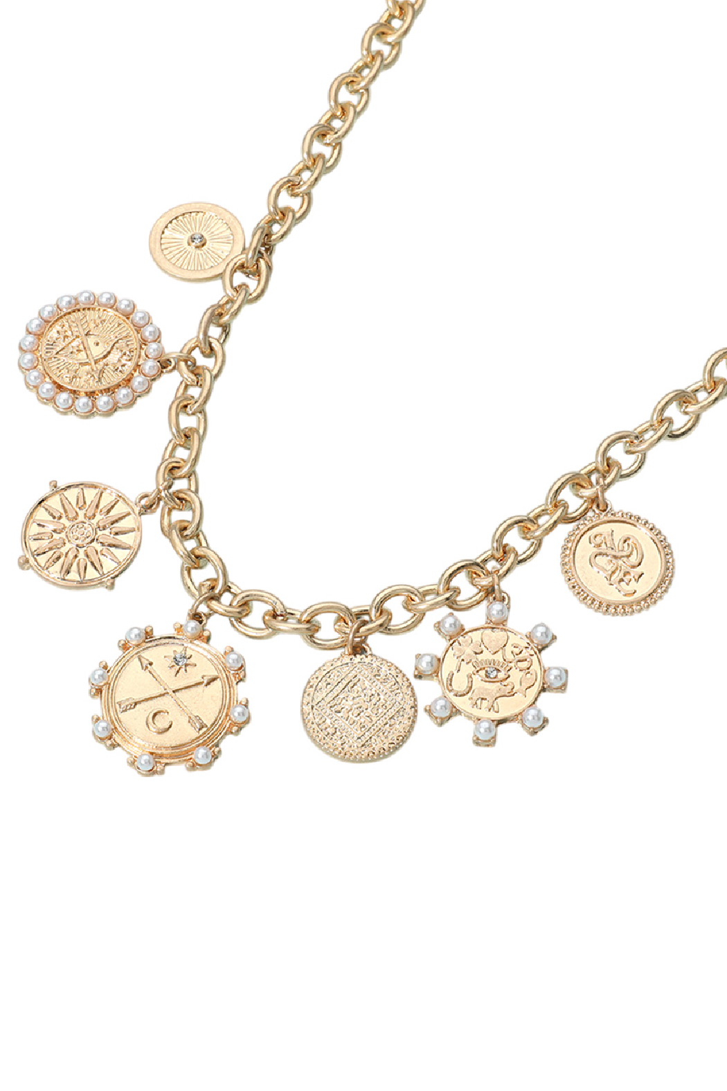 Coin and Pearl 7 Charm Necklace