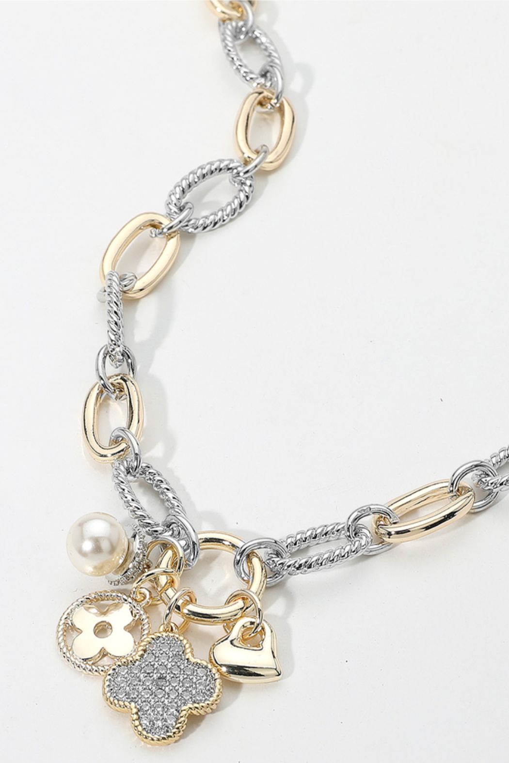 Gold Plated 2 Tone Clover Heart Charm Necklace