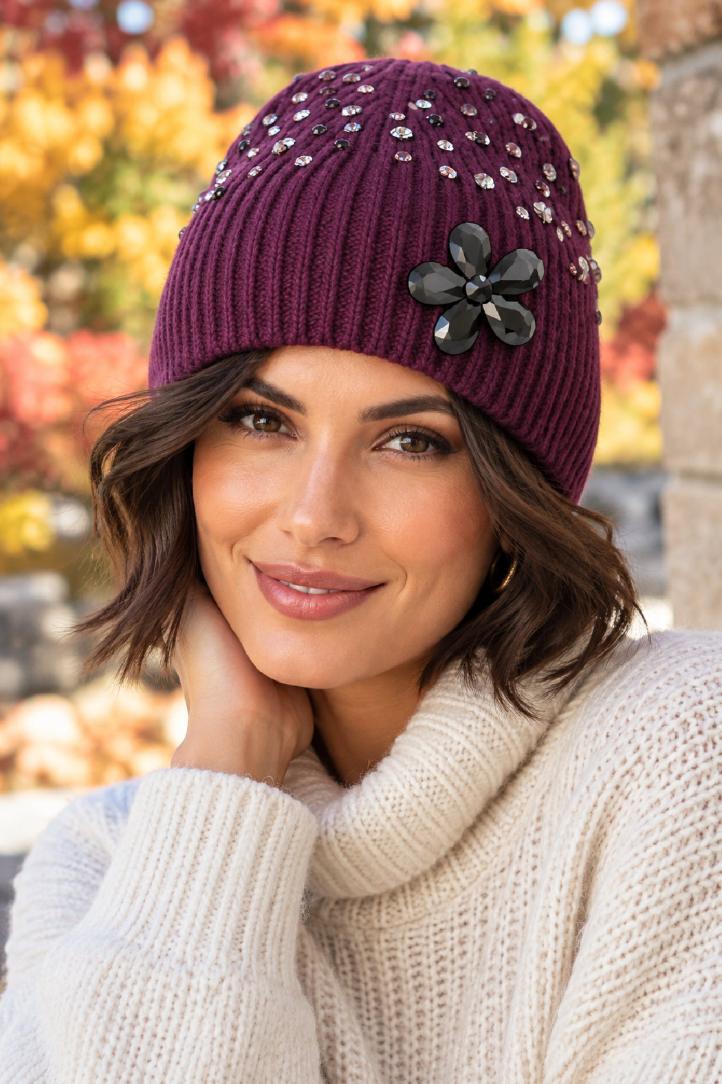 Removable Crystal Flower Beanie