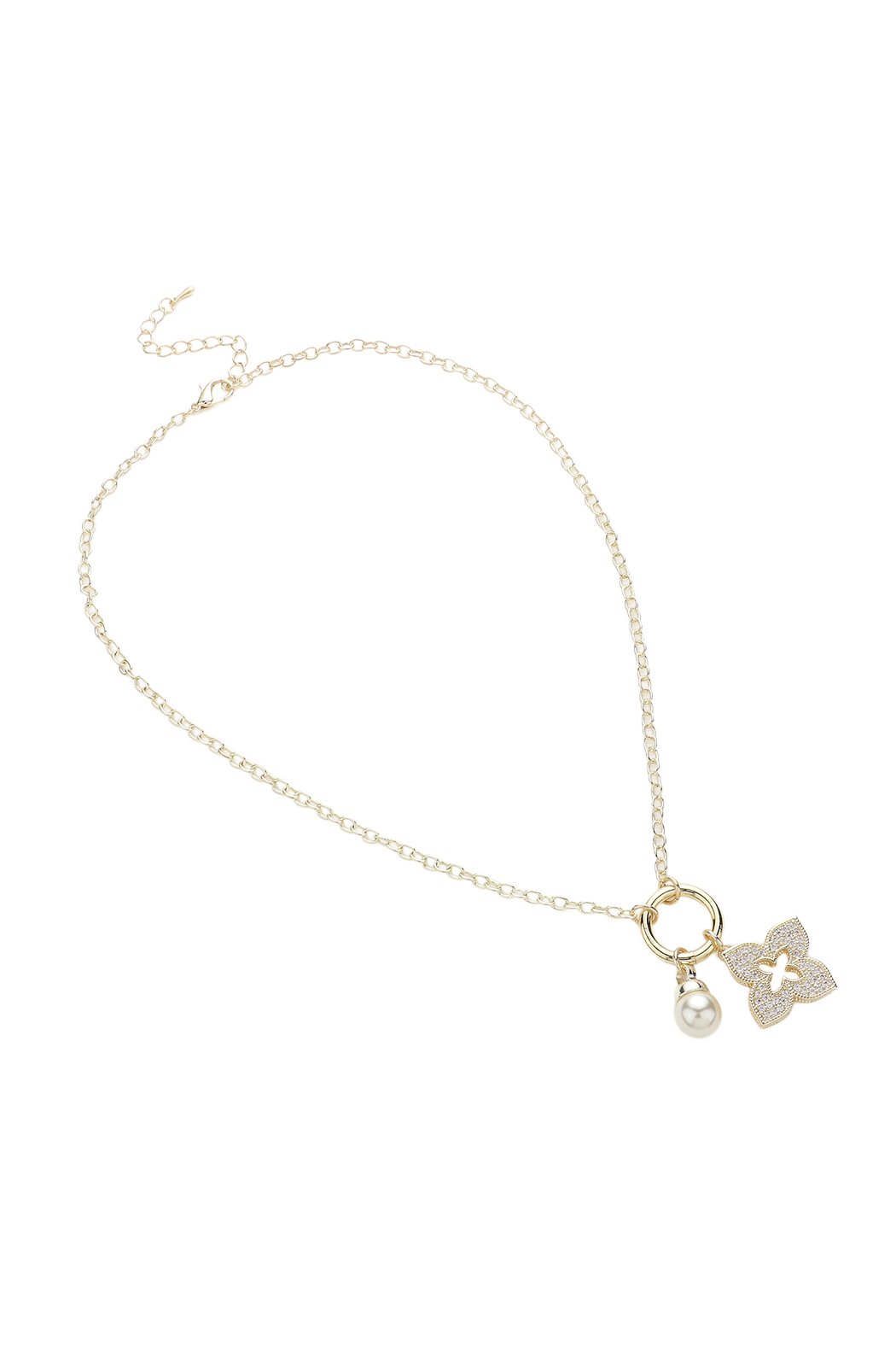 Pave Clover and Pearl Necklace