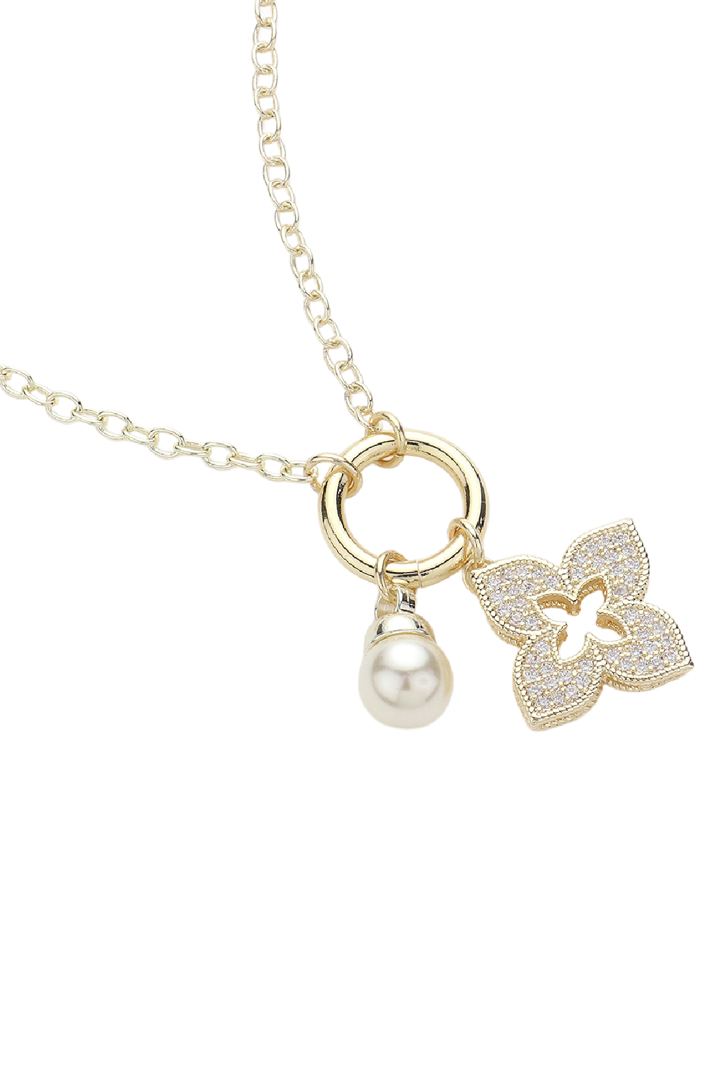 Pave Clover and Pearl Necklace