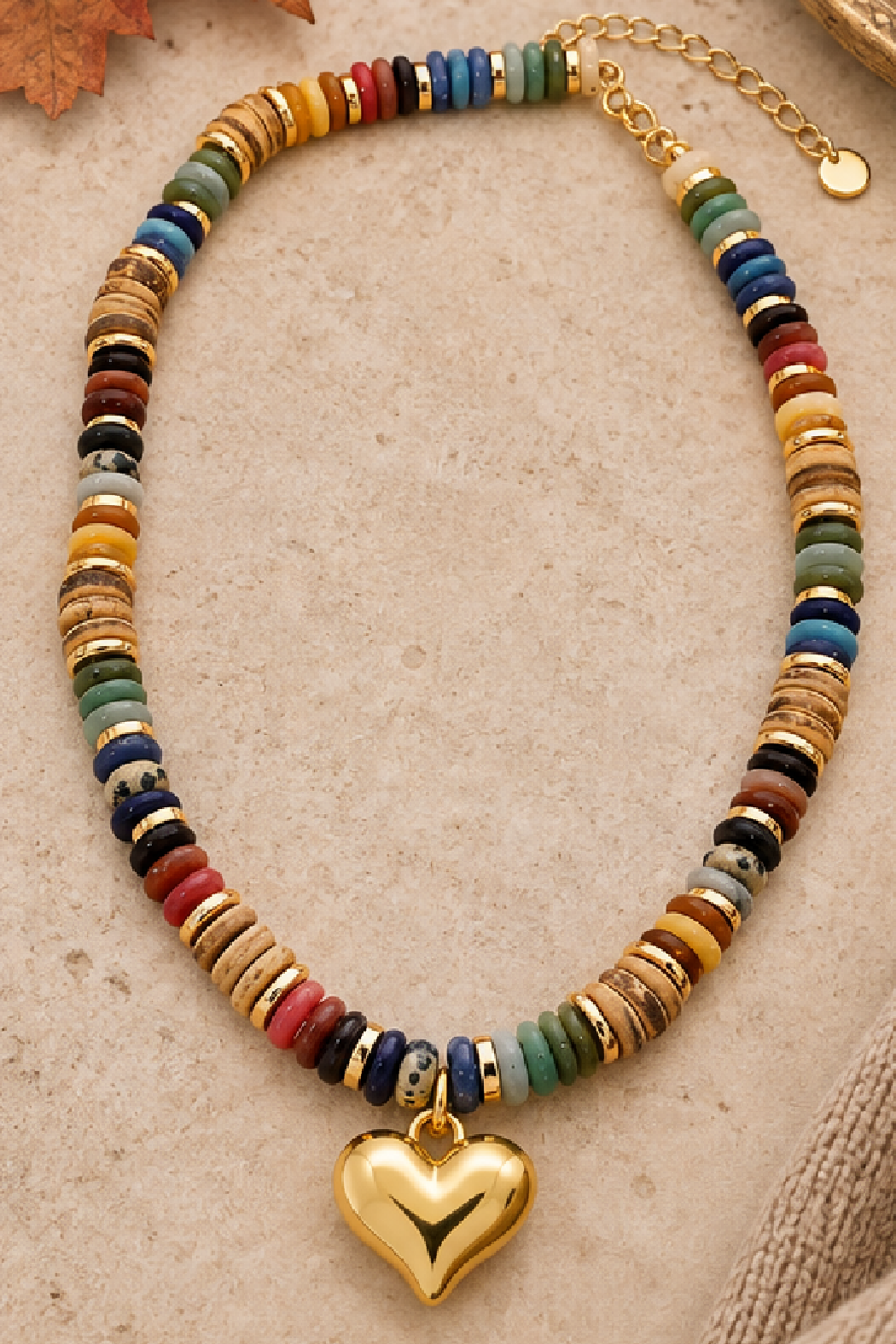 Heart charm necklace with multicolor beads and gold heart pendant