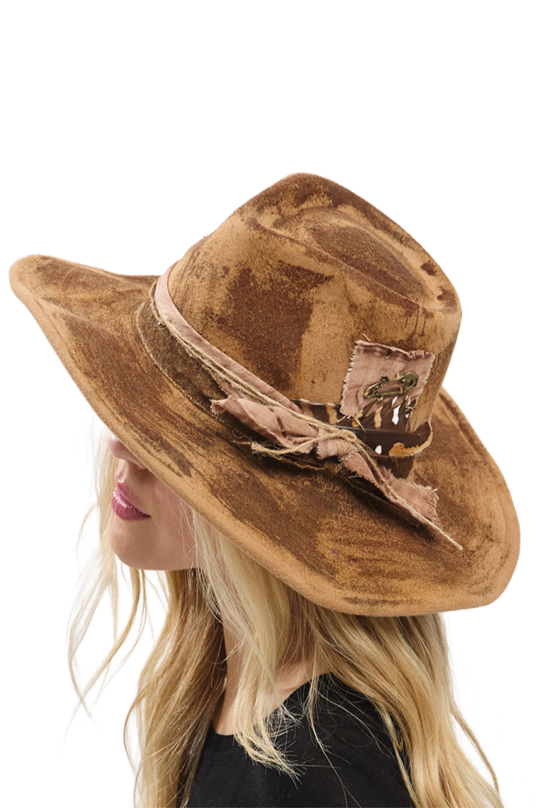 Distressed tan fedora with wide brim and fringed band with buckle
