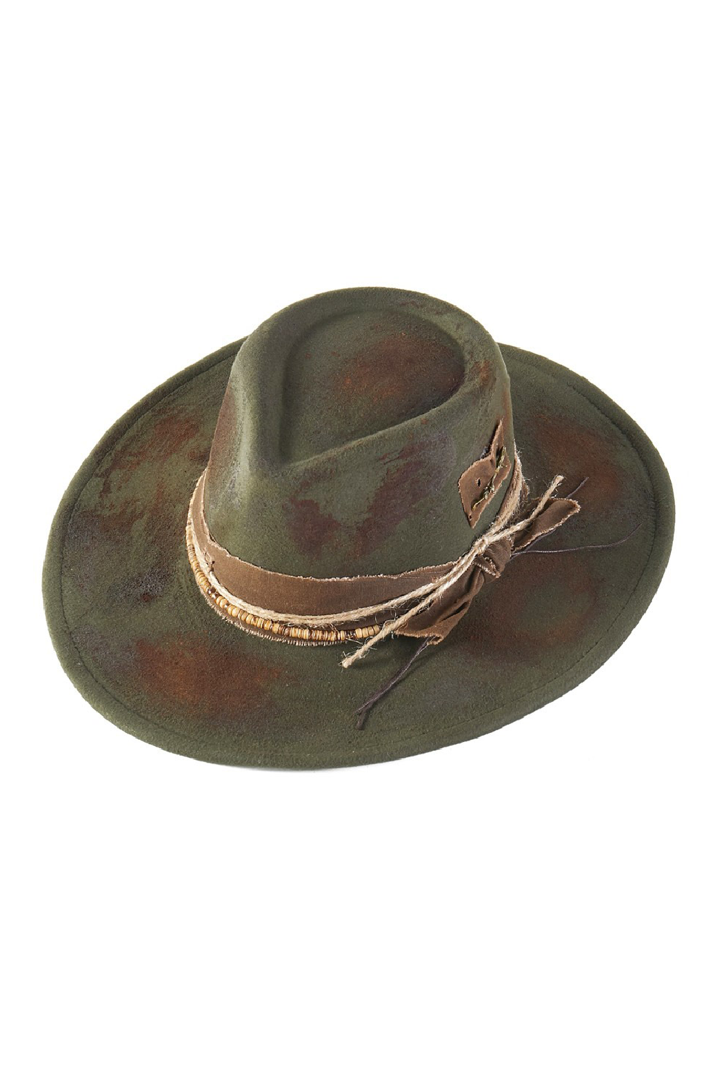Distressed olive fedora with wide brim and knotted strap band