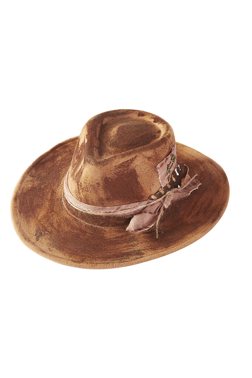 Distressed brown fedora with wide brim and fringed leather band