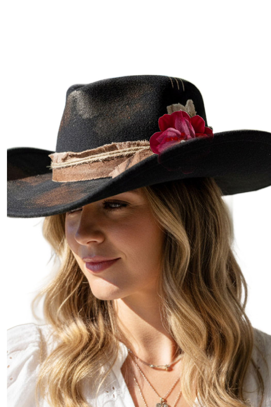 Distressed black fedora hat with red flower and light hatband trim