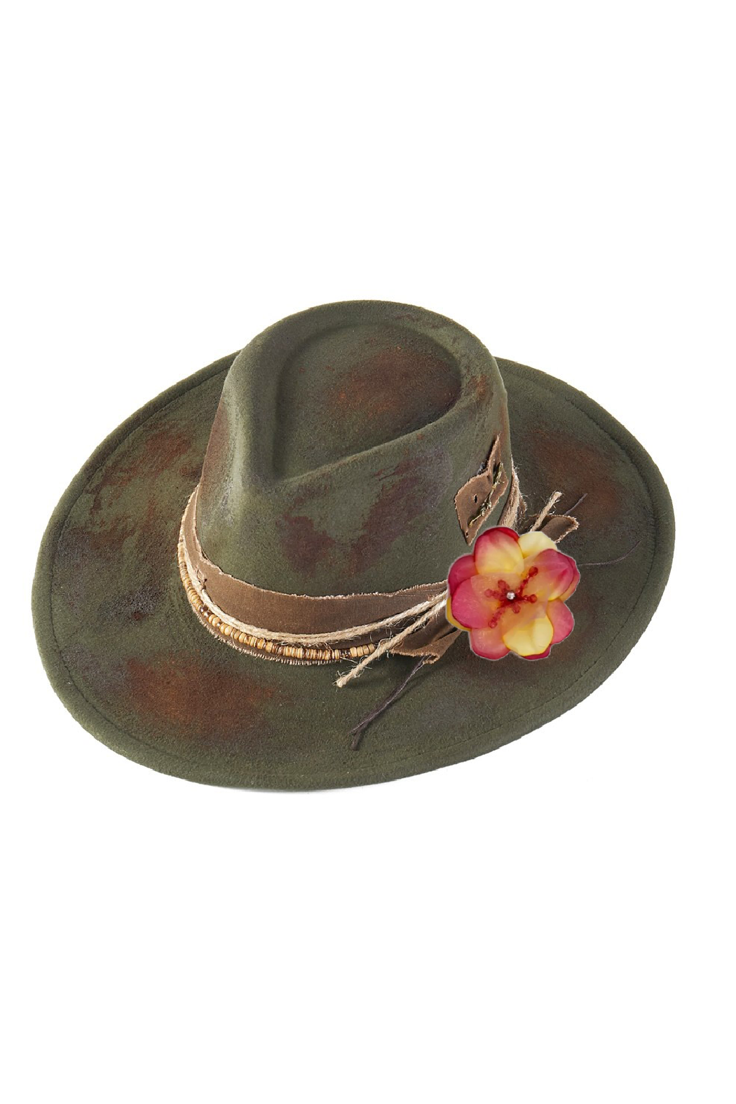 Olive distressed fedora hat with pink flower side detail and cord hatband