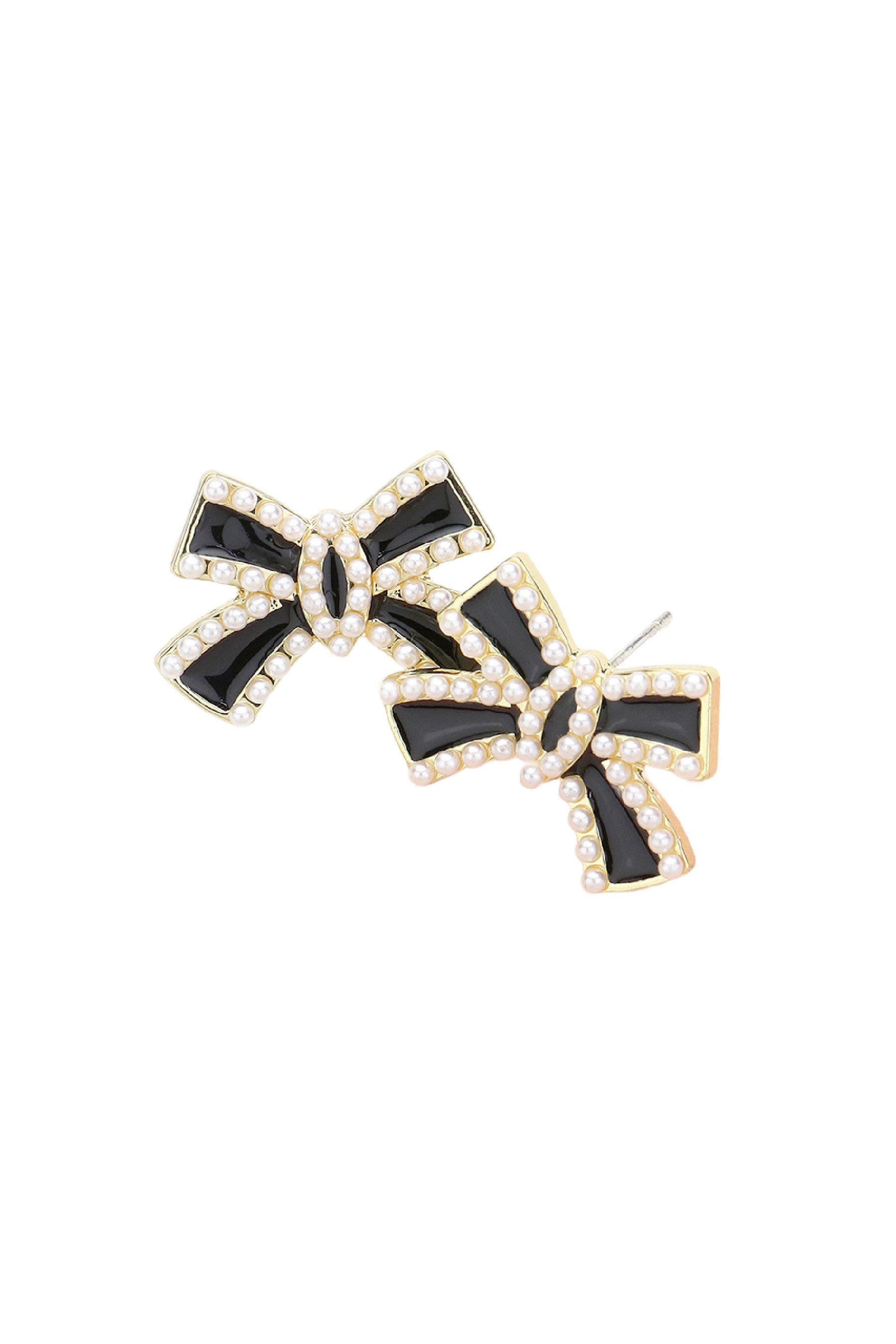 Black Enamel Pearl Bow Earrings