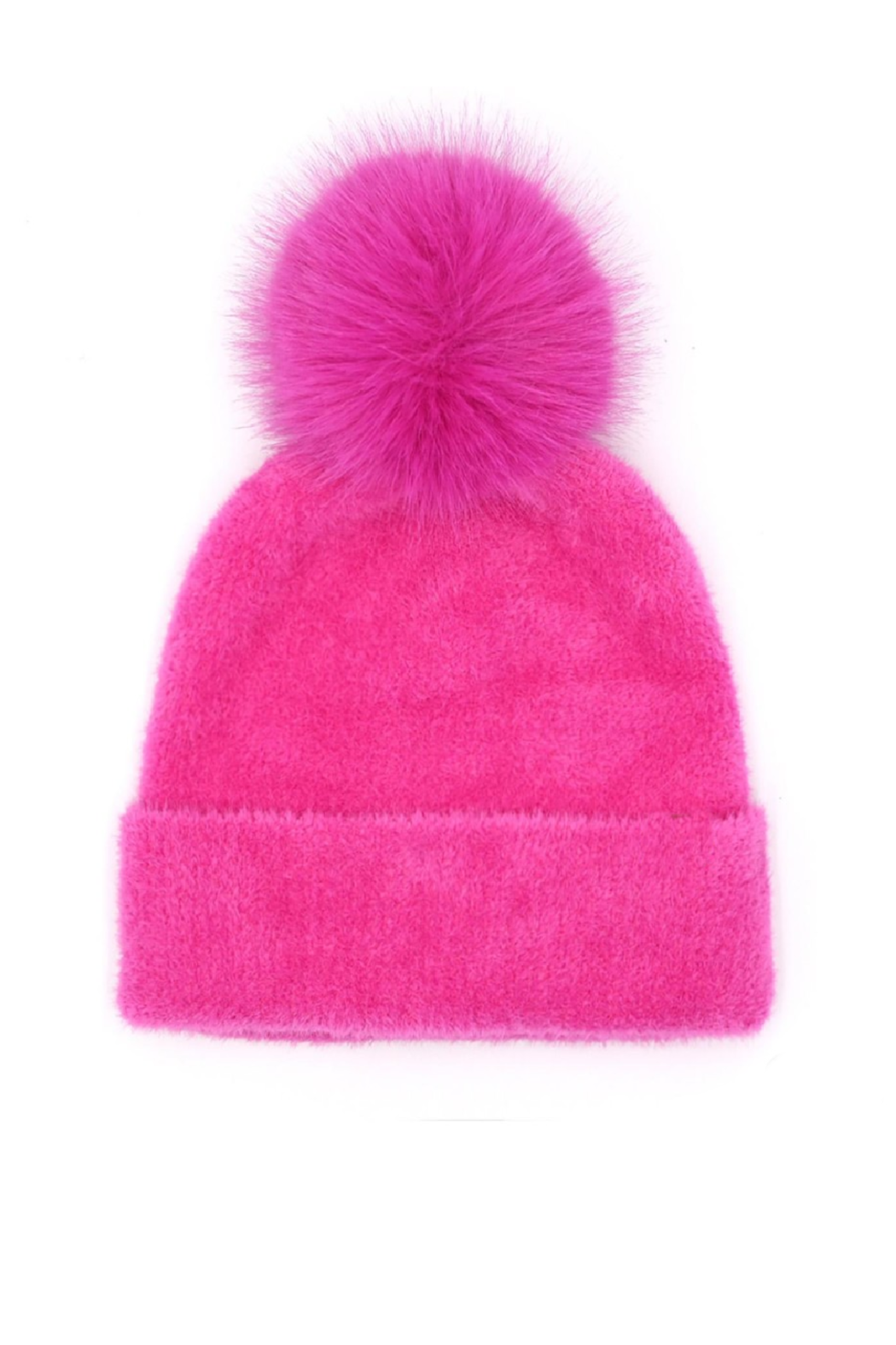 A bright pink faux fur beanie hat with a matching fluffy pom-pom on top, shown against a plain white background.