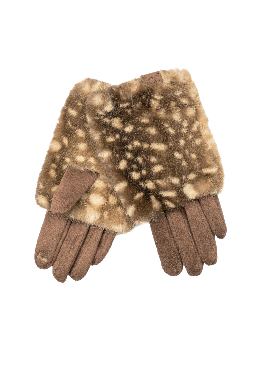 Brown faux fur maxi gloves with spotted pattern and brown knit cuffs