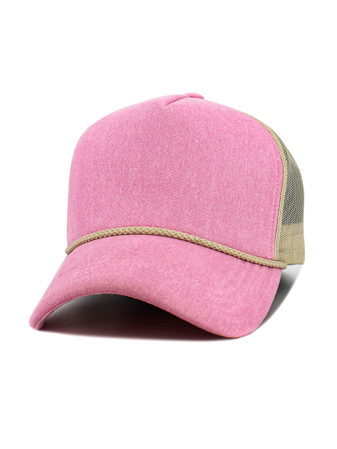 Pink denim foam-padded trucker baseball cap with braided trim and mesh side panels