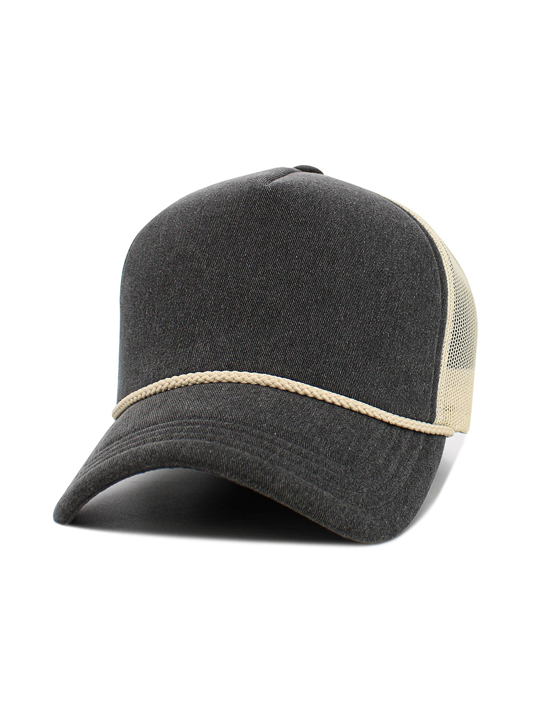 Black denim foam-padded trucker baseball cap with braided trim and mesh back