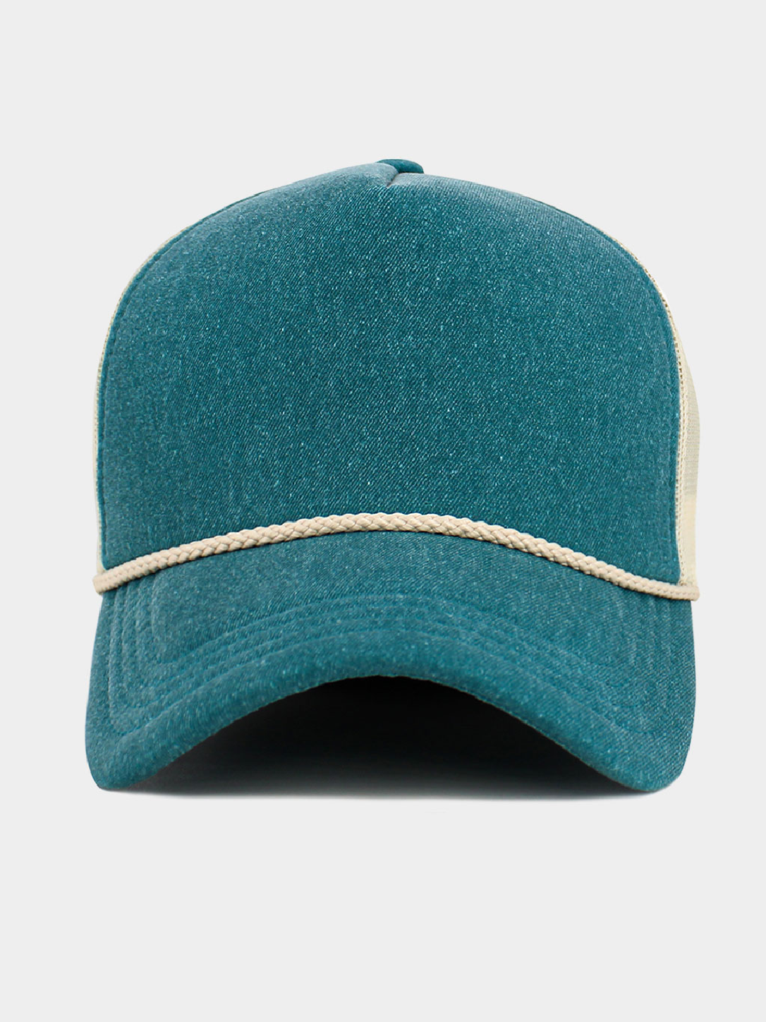 Turquoise denim foam-padded trucker baseball cap with braided trim and mesh back