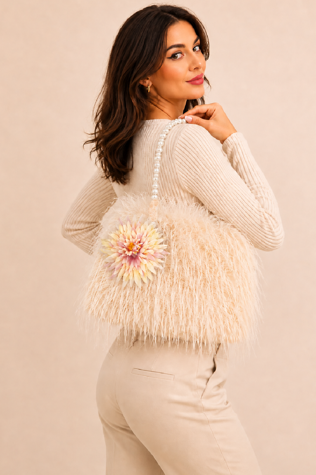 Fringy Flower Faux Fur Shoulder Bag