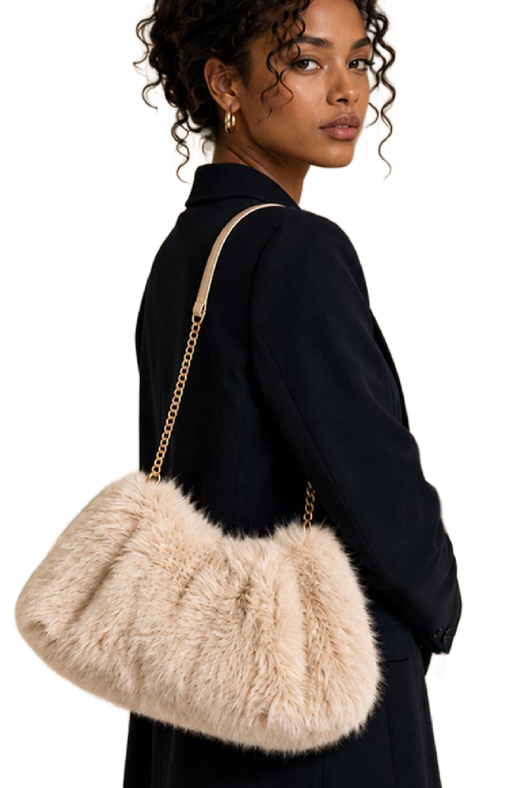Faux fur shoulder bag with gold chain strap, beige half-moon bag