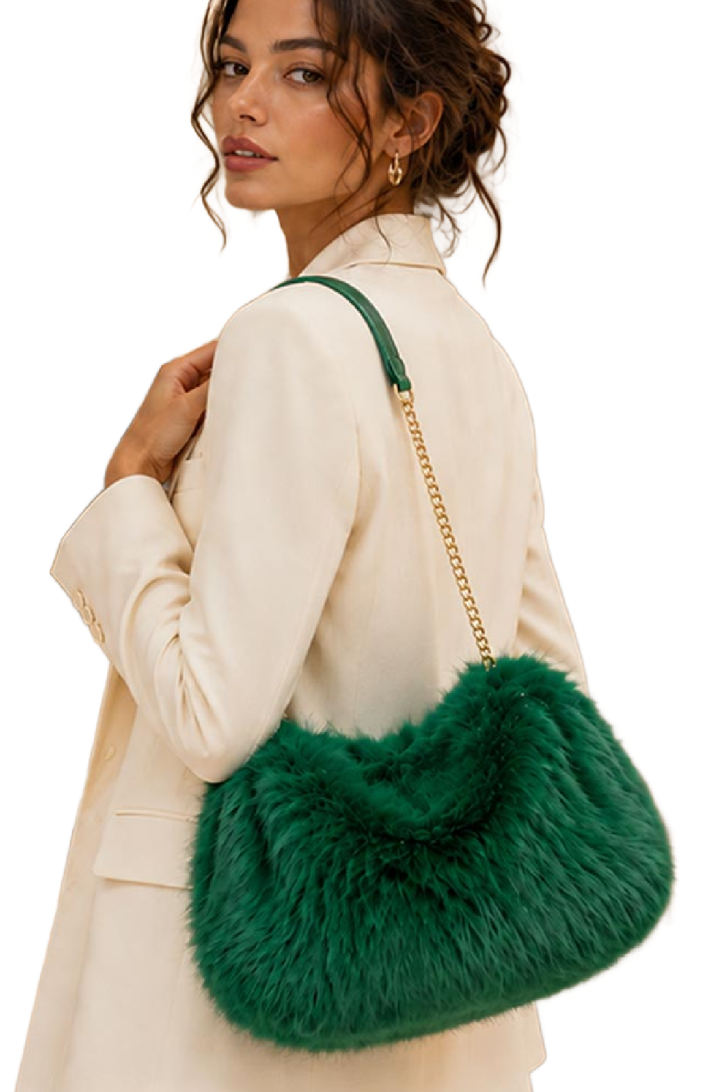 Faux fur shoulder bag with gold chain strap, green half-moon bag