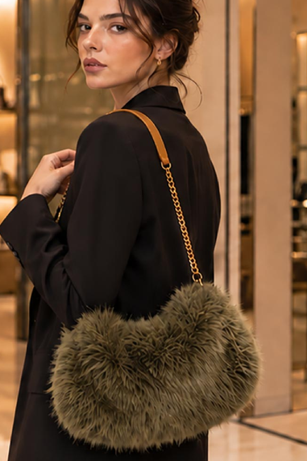 Faux fur shoulder bag with gold chain strap, taupe half-moon bag