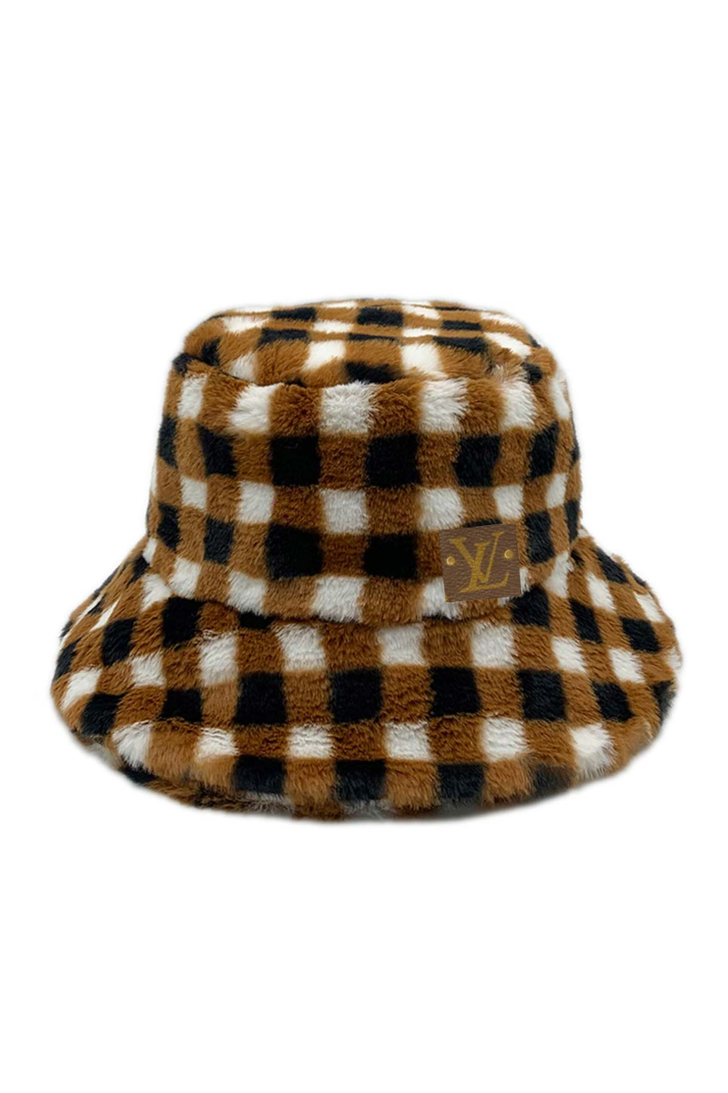 Upcycled Checkered Faux Fur Bucket Hat