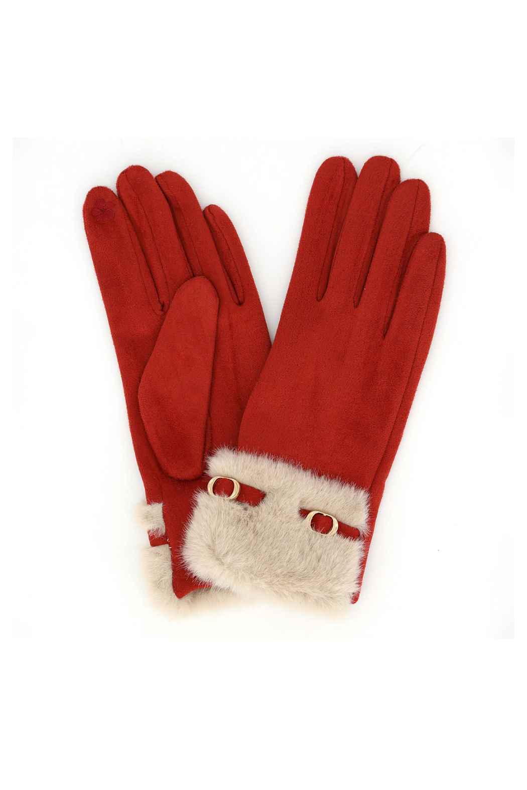 Red texting gloves with fuzzy cuff and round gold ring details
