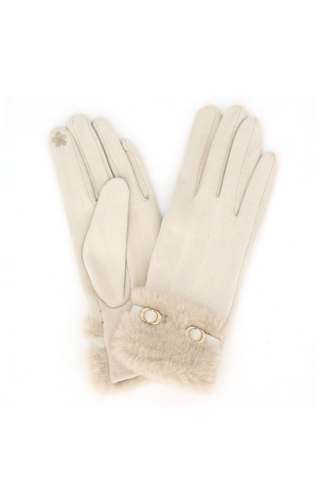 Ivory texting gloves with belt-style cuff, fuzzy trim, and gold ring accents