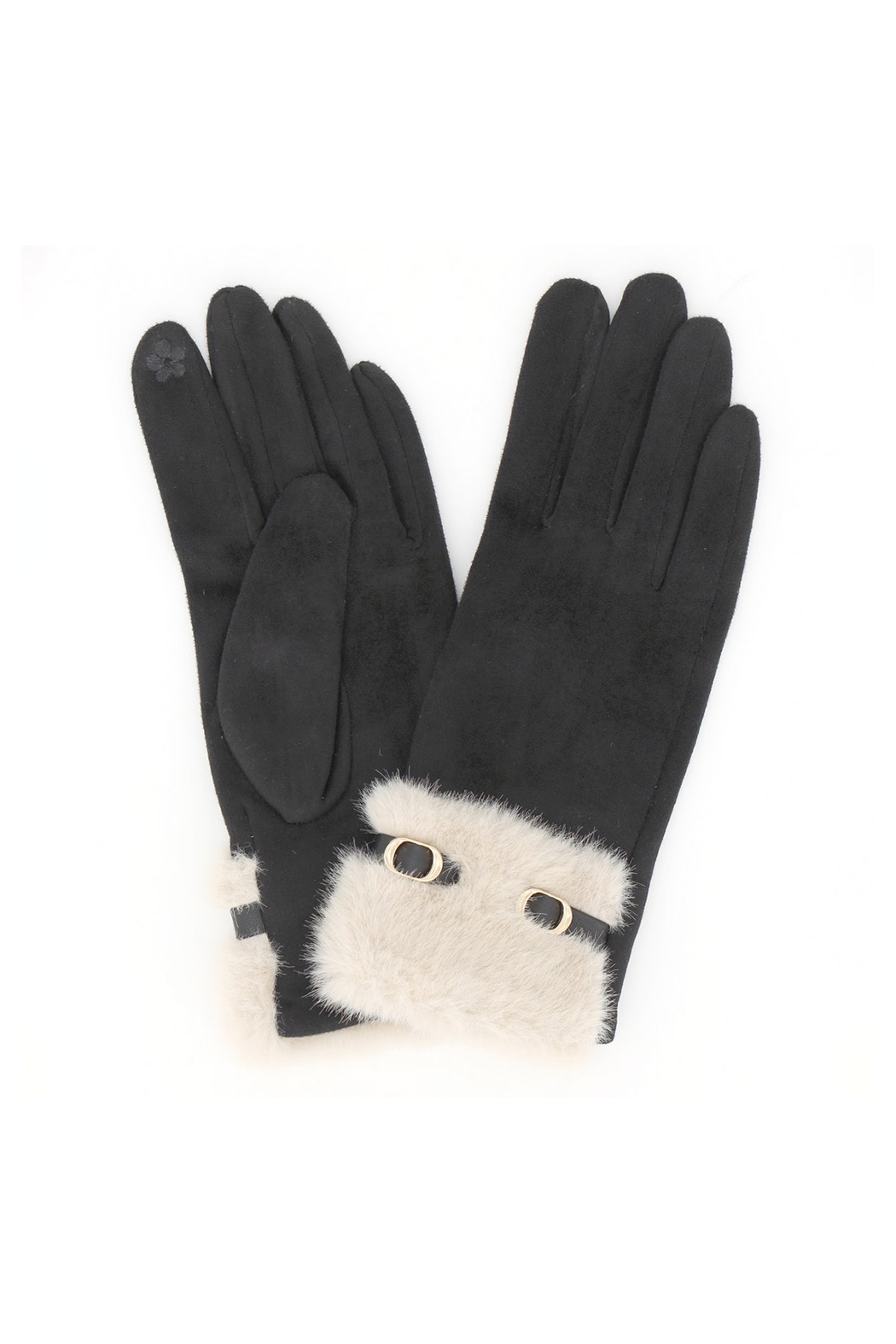 Black texting gloves with fuzzy cuff and round gold ring details