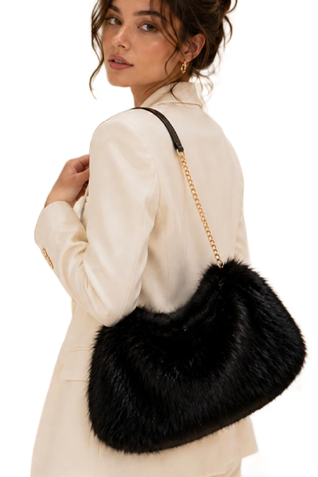 Faux fur shoulder bag with gold chain strap, black half-moon bag