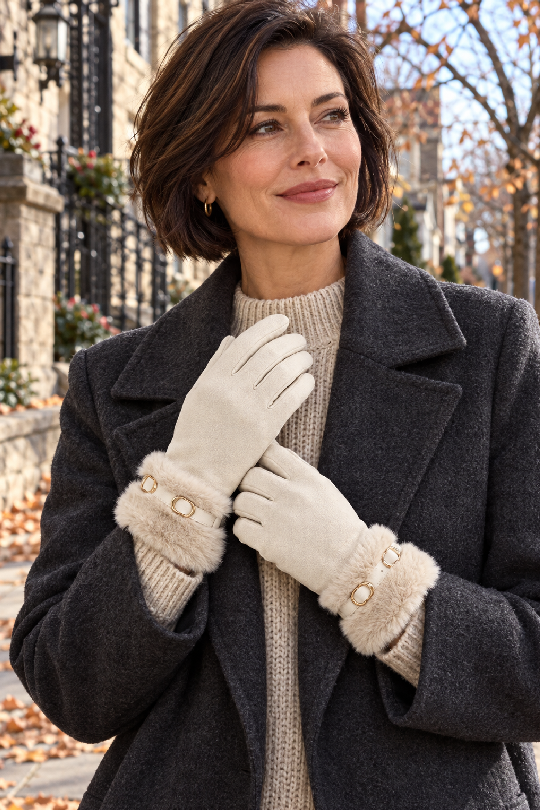 Ivory texting gloves with fuzzy cuff and round gold buckle accents