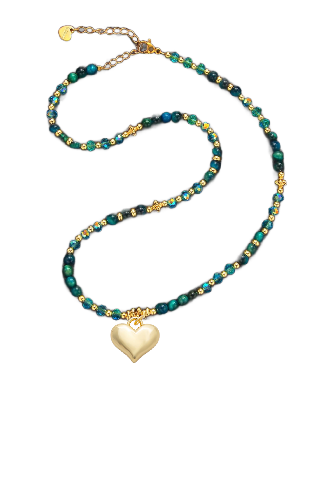 Heart pendant long necklace with dark teal beads and gold chain, laid out