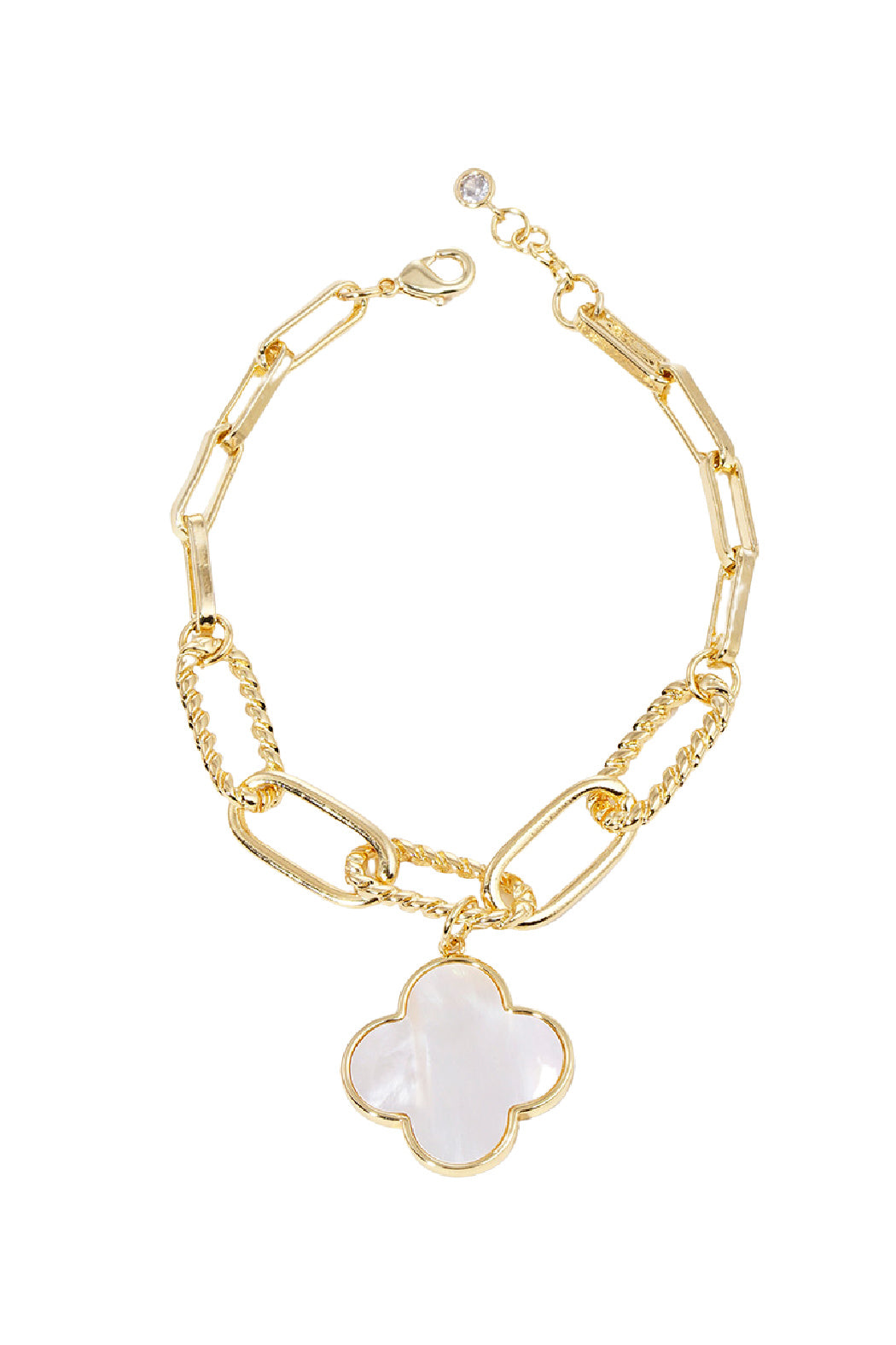 Paperclip Chain Mother of Pearl Clover Bracelet