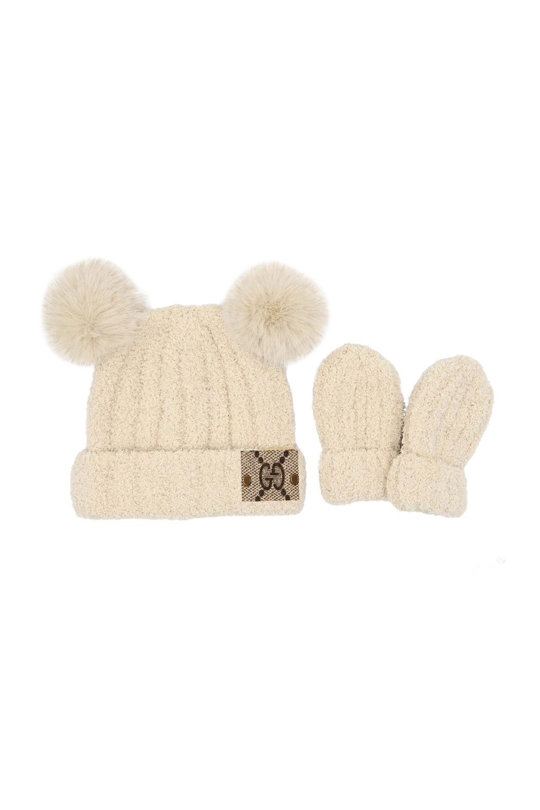 Upcycled GG 2 Pom Baby Beanie and Mittens Set