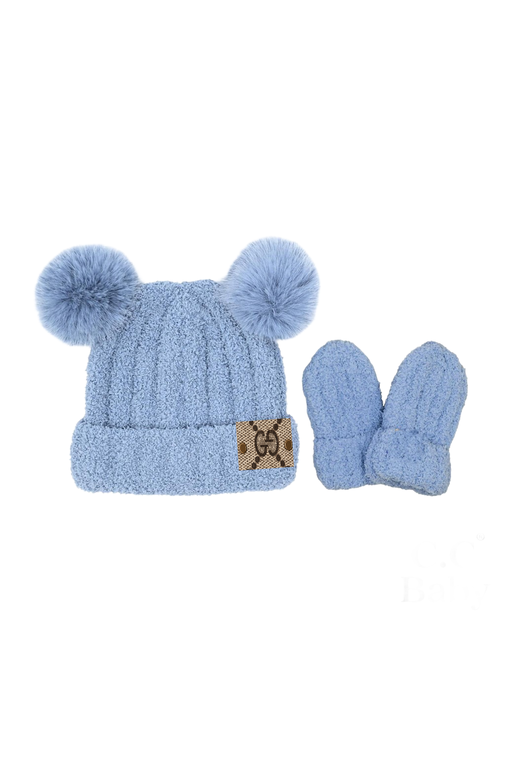 Upcycled GG 2 Pom Baby Beanie and Mittens Set