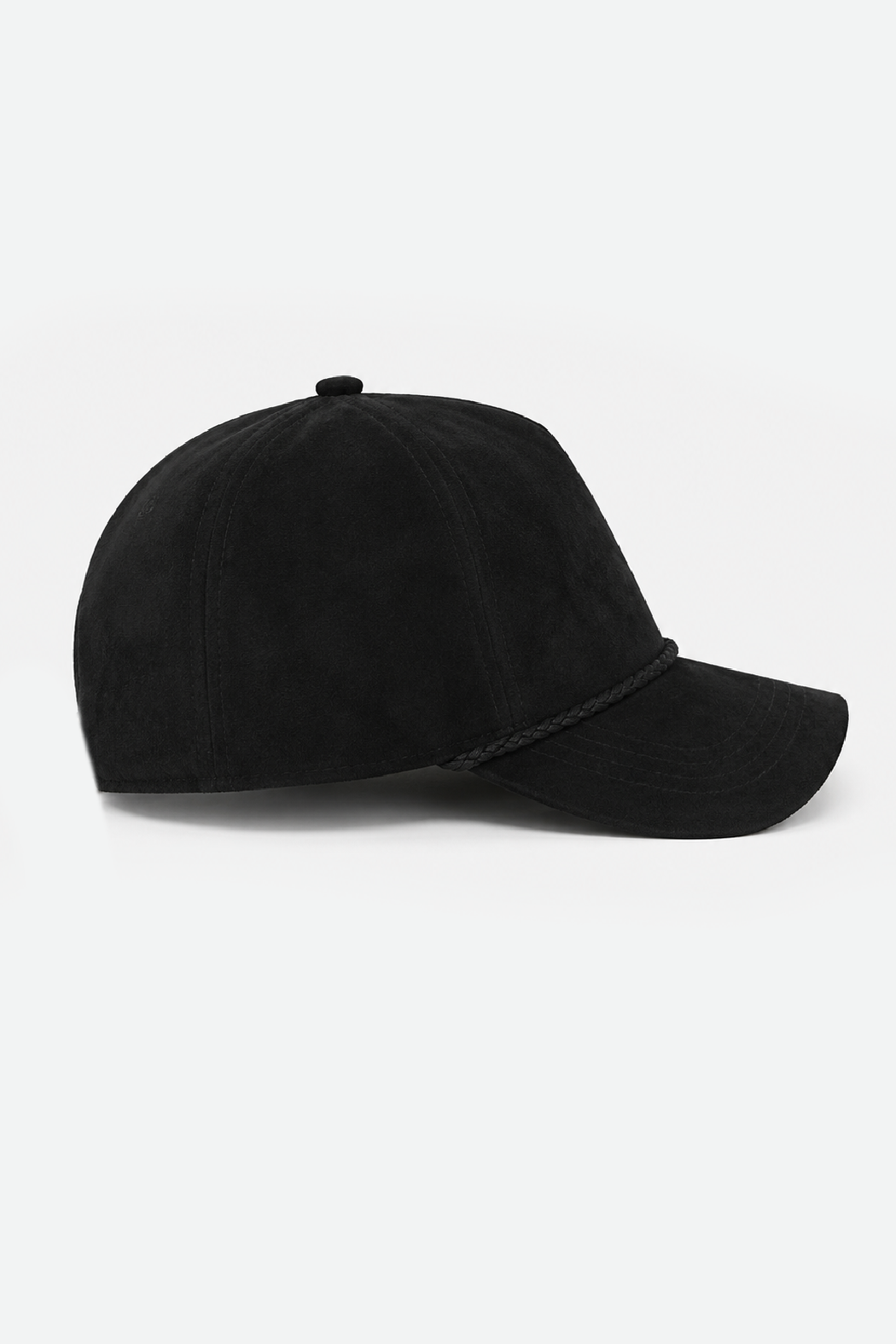 Black suede baseball cap, side profile with curved brim