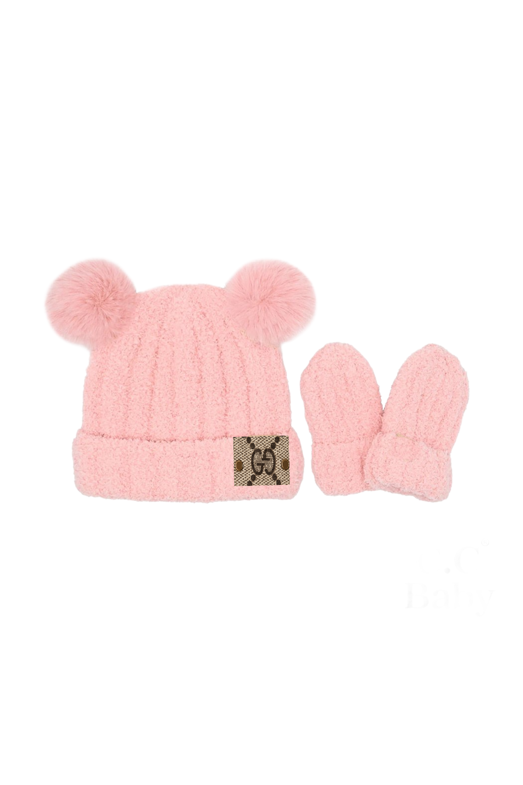 Upcycled GG 2 Pom Baby Beanie and Mittens Set