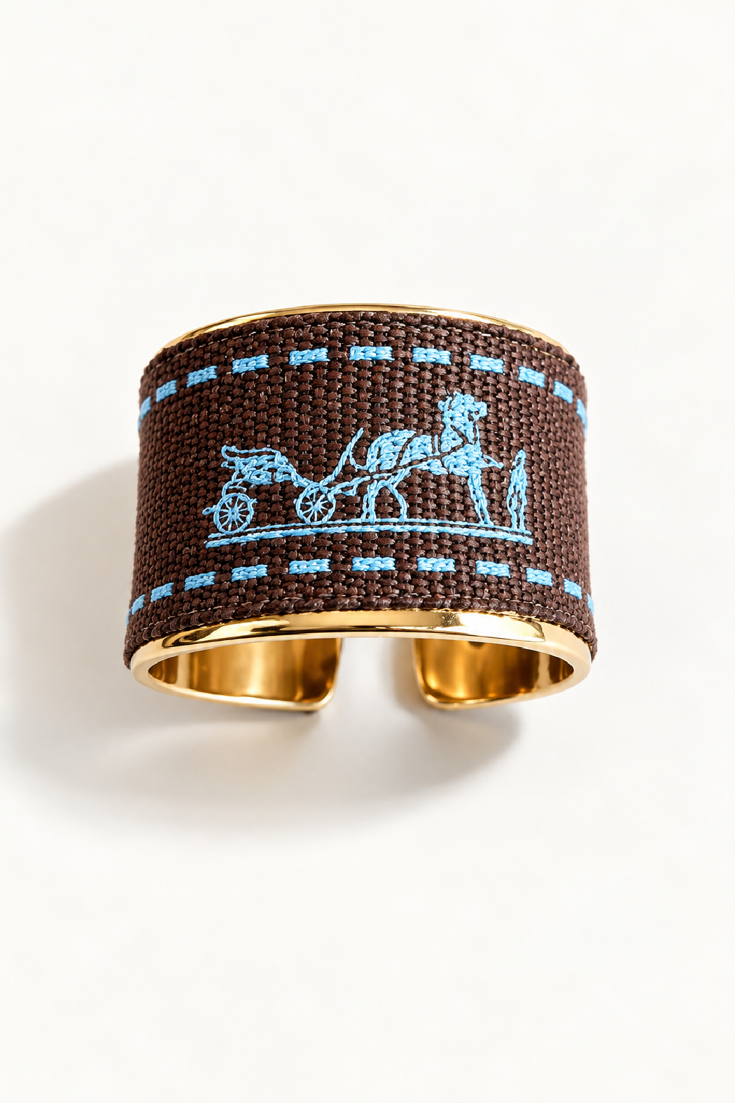 Upcycled Hermes ribbon ring, brown ribbon with blue horse carriage motif, gold inner band