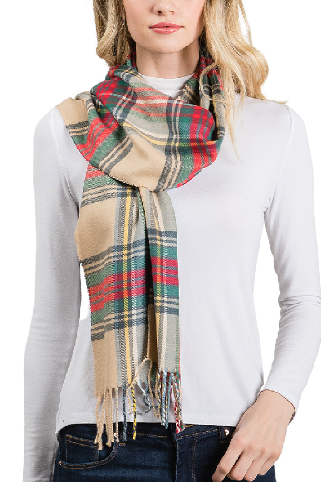 Beige, Red and Green Plaid Scarf